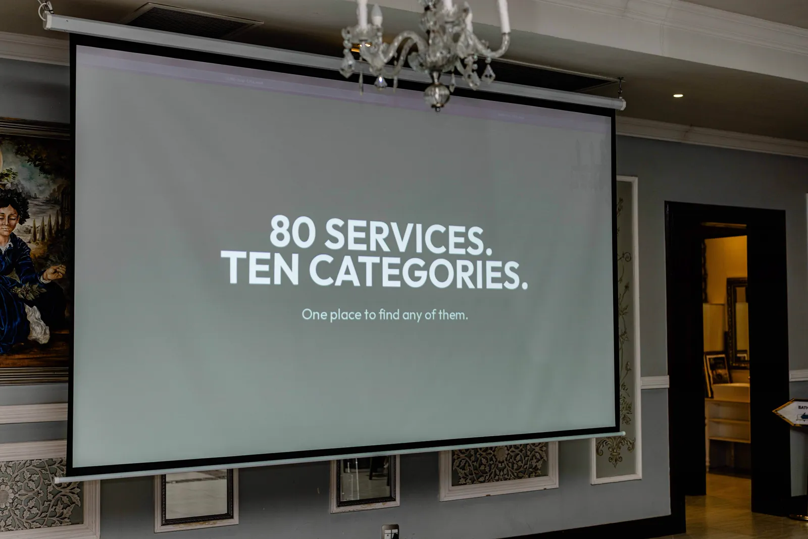Launch presentation slide reading 80 services, ten categories